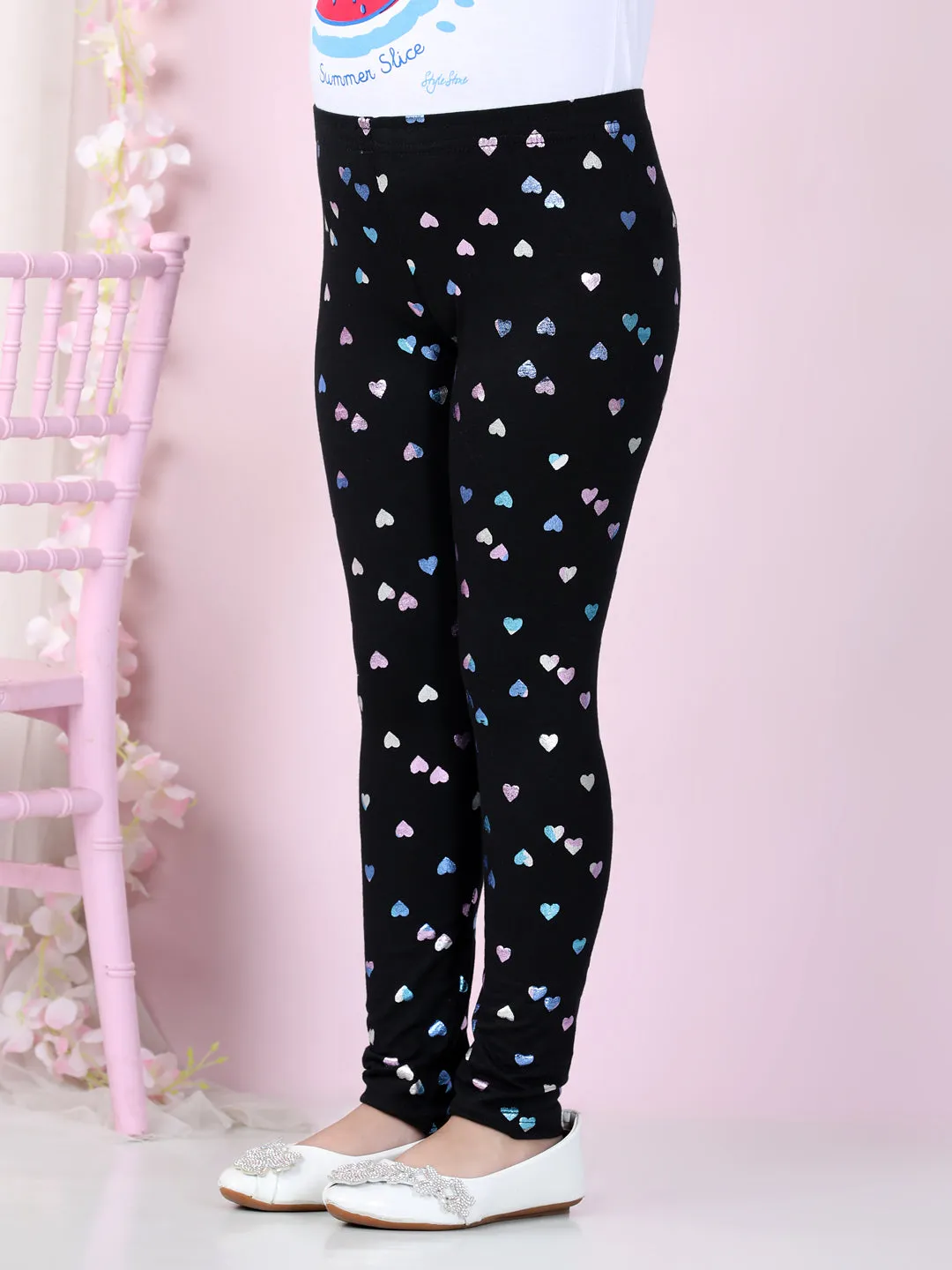 Girls Black Cotton Lycra Heart Foil Printed Leggings