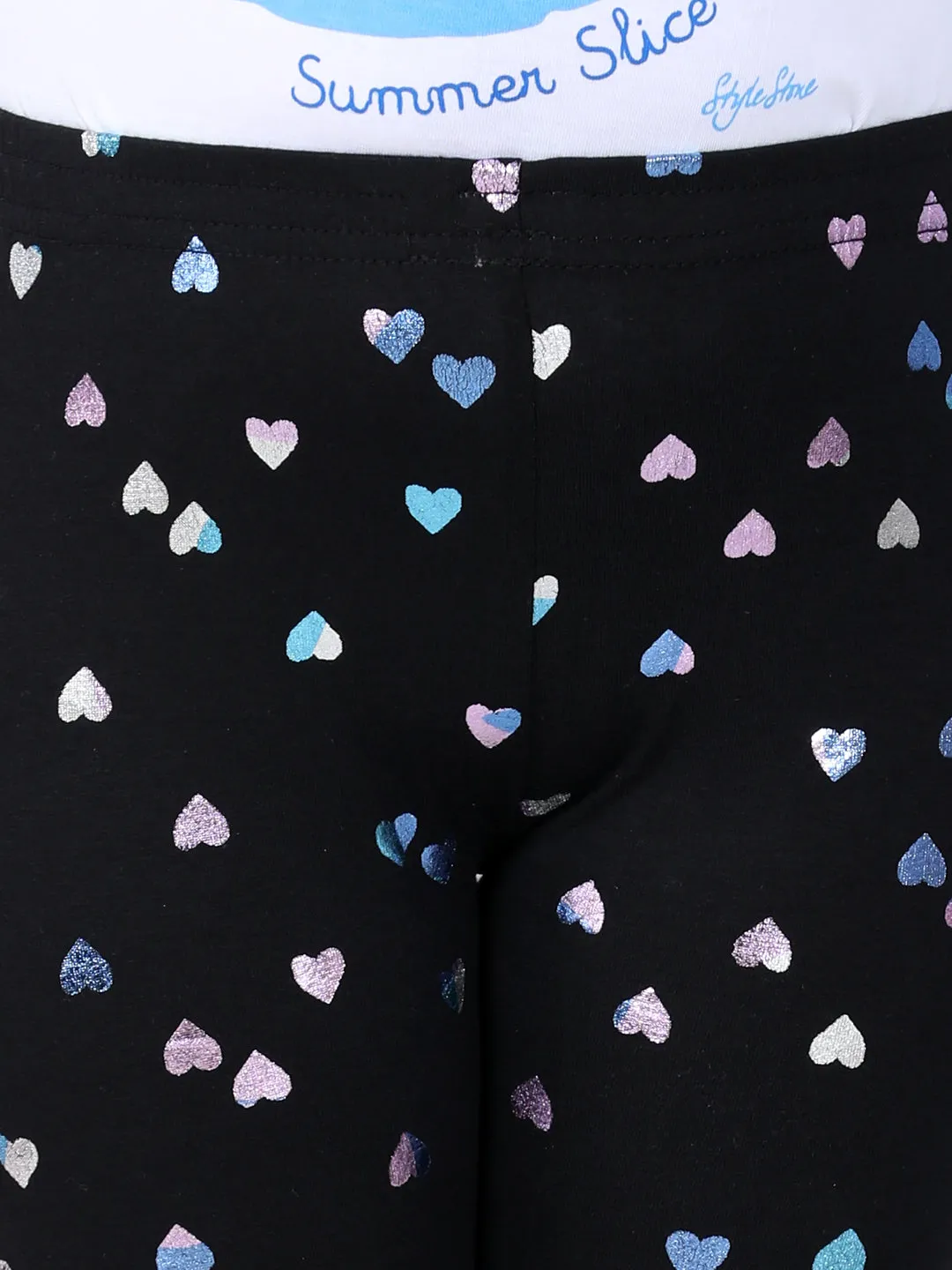 Girls Black Cotton Lycra Heart Foil Printed Leggings