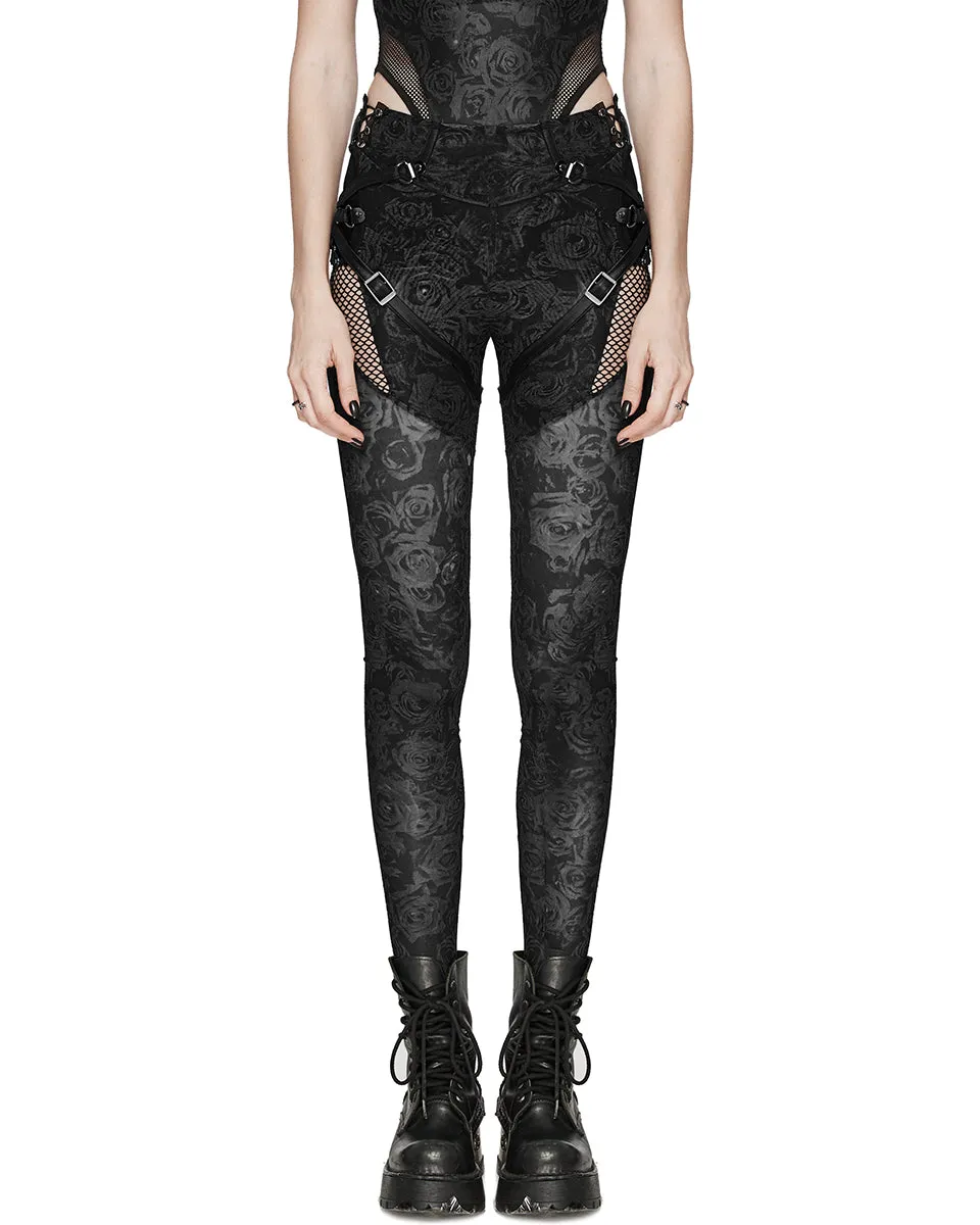 Punk Rave Daily Life Dark Punk Rose Mesh Strapping Leggings