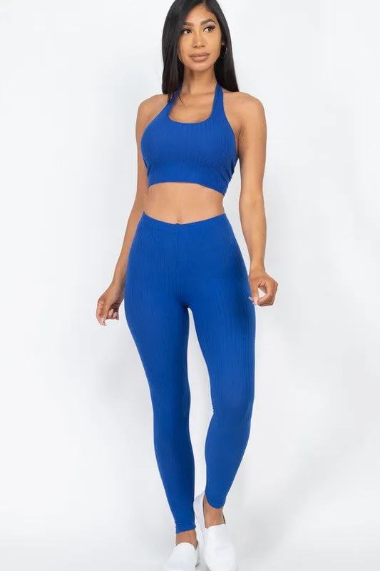 Ribbed Back Tied Halter Neck Top & Leggings Sets