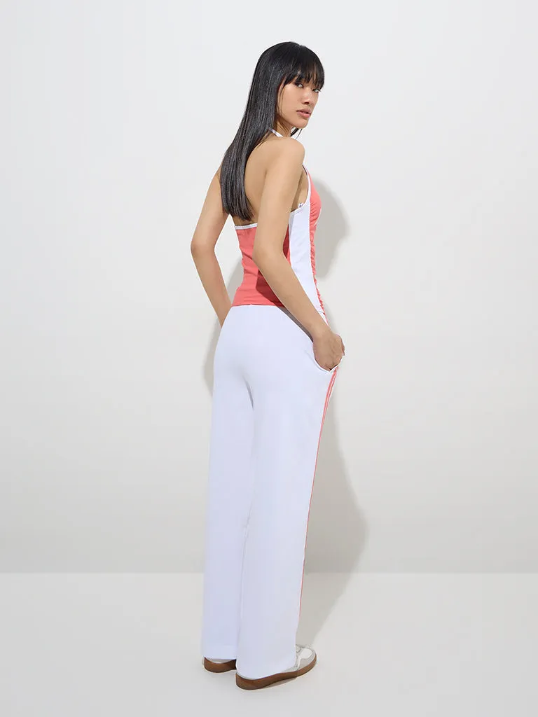 Studiofit White Striped High-Rise Cotton Track Pants