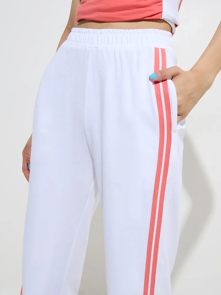 Studiofit White Striped High-Rise Cotton Track Pants